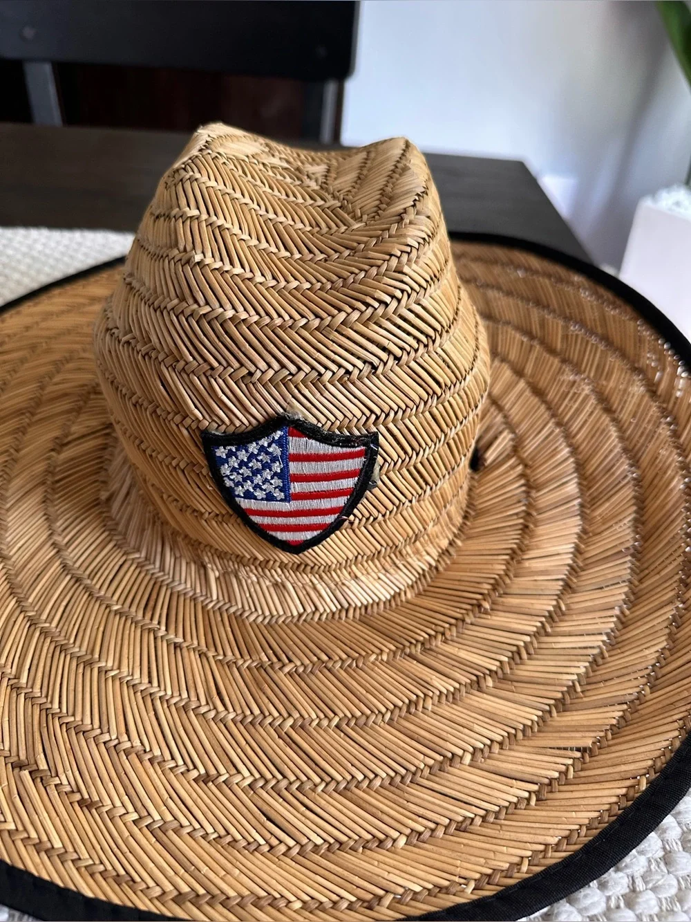 Straw Wide-Brim Sun Hat with American Flag Shield Patch - Soul of Adventure